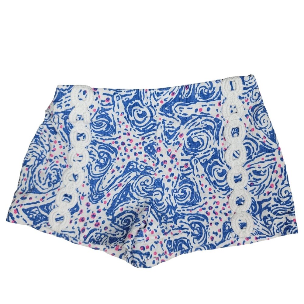 Lilly Pulitzer Girls' Printed Shorts With Crochet Trim Size 5 blue & Pink Swirl